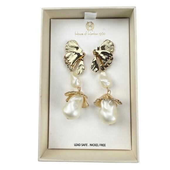 NWT HOUSE OF HARLOW 1960 Gold Tone Leaf Faux Pearl Dangle Drop Earrings - Picture 5 of 7